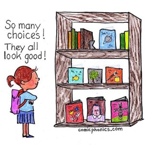 girl looking at book display